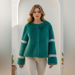 Elegant Teal Teddy Jacket with Cream Stripes by Anthropology